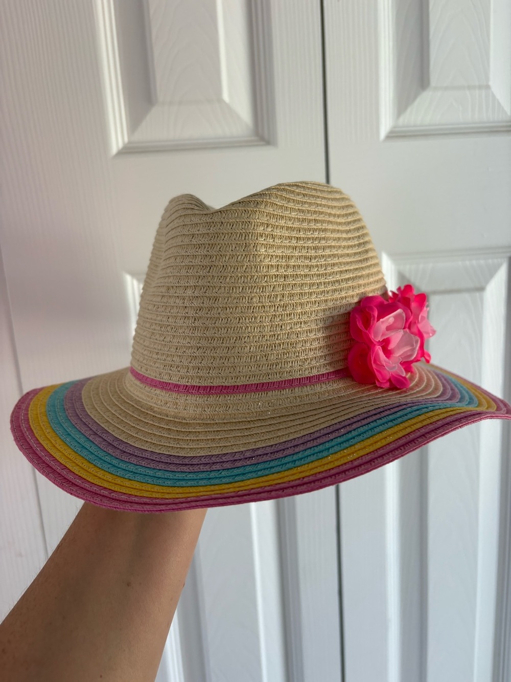 Kids Straw Fedora Hat with Pink Flowers - Beige and Multicolor